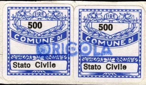 Marca da Bollo del Comune di ORICOLA su Carta Bianca di dimensioni 20 x 20 mm