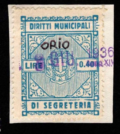 Marca da Bollo del Comune di ORIO CANAVESE su Carta Bianca di dimensioni 21 x 29 mm