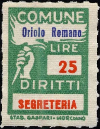 Marca da Bollo del Comune di ORIOLO ROMANO su Carta Bianca Sottile di dimensioni 18,5 x 25 mm