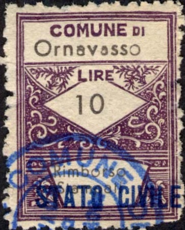 Marca da Bollo del Comune di ORNAVASSO su Carta Bianca di dimensioni 22 x 28 mm