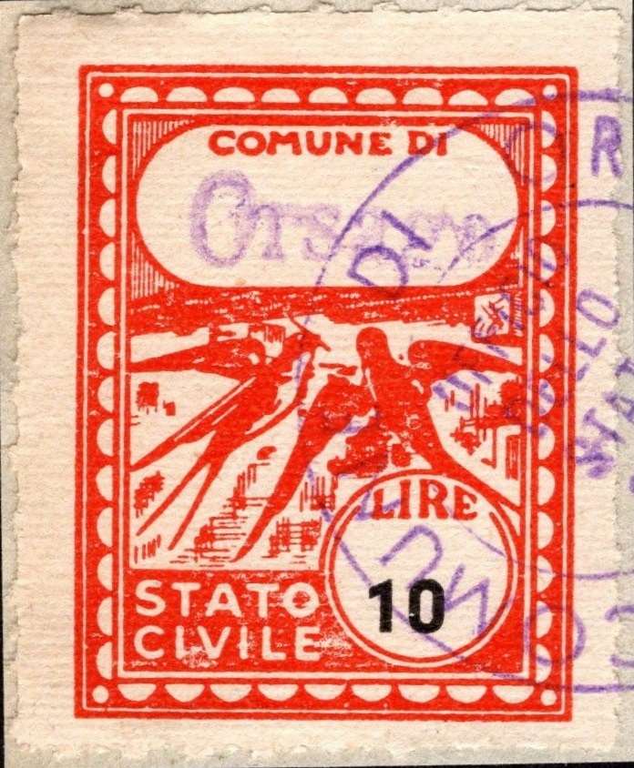 Marca da Bollo del Comune di ORSAGO su Carta Bianca di dimensioni 22,5 x 29 mm