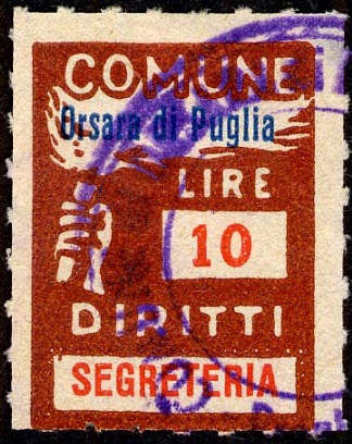 Marca da Bollo del Comune di ORSARA DI PUGLIA su Carta Bianca Sottile di dimensioni 18 x 25 mm