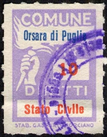 Marca da Bollo del Comune di ORSARA DI PUGLIA su Carta Bianca Sottile di dimensioni 18,5 x 26 mm
