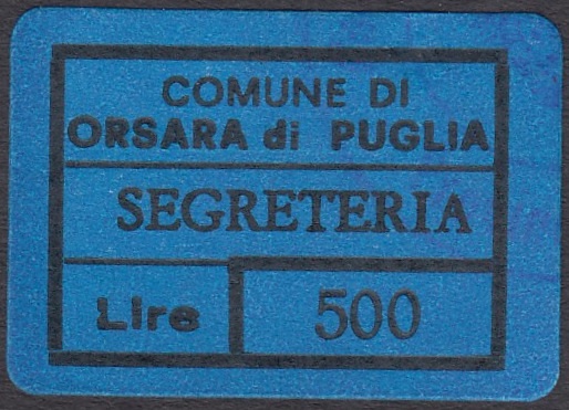 Marca da Bollo del Comune di ORSARA DI PUGLIA su Carta Bianca di dimensioni 24 x 17 mm