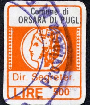 Marca da Bollo del Comune di ORSARA DI PUGLIA su Carta Bianca di dimensioni 15,5 x 20 mm