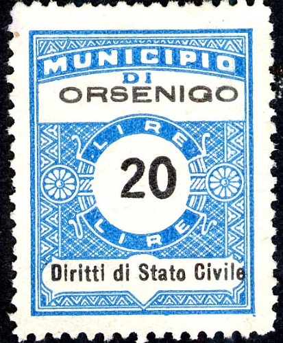 Marca da Bollo del Comune di ORSENIGO su Carta Bianca di dimensioni 24 x 30 mm
