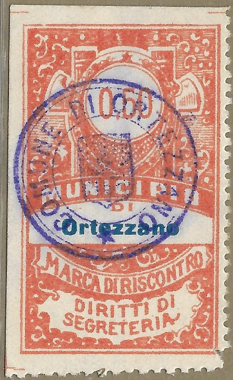 Marca da Bollo del Comune di ORTEZZANO su Carta Bianca di dimensioni 26 x 43,5 mm
