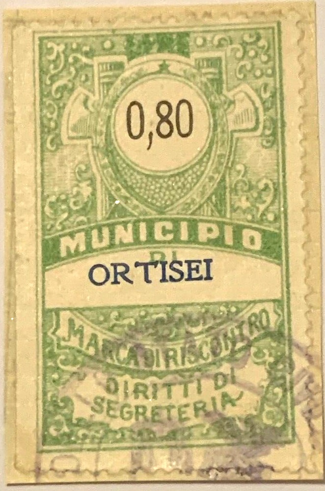 Marca da Bollo del Comune di ORTISEI su Carta Bianca di dimensioni 22,5 X 38 mm