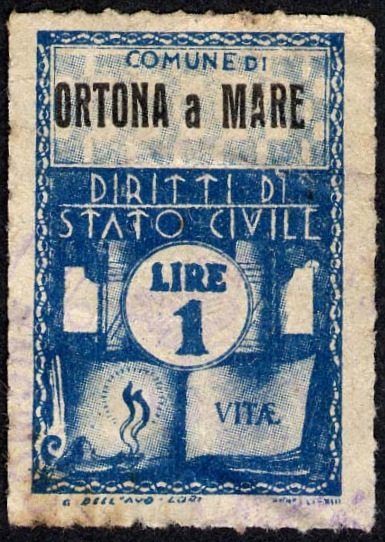 Marca da Bollo del Comune di ORTONA su Carta Bianca Sottile di dimensioni 21 x 33 mm