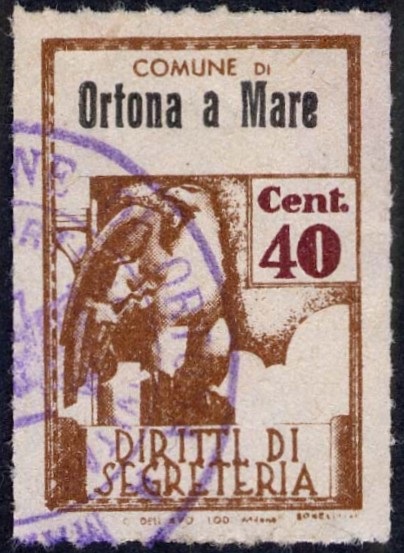 Marca da Bollo del Comune di ORTONA su Carta Bianca Sottile di dimensioni 21 X 32 mm