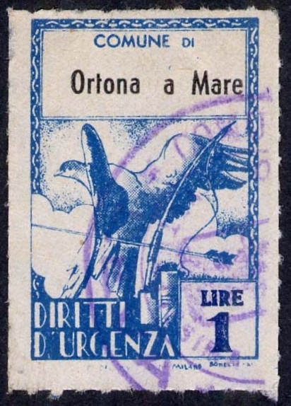 Marca da Bollo del Comune di ORTONA su Carta Bianca Sottile di dimensioni 21 X 32,5 mm