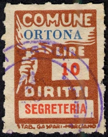 Marca da Bollo del Comune di ORTONA su Carta Bianca Sottile di dimensioni 18 x 26 mm
