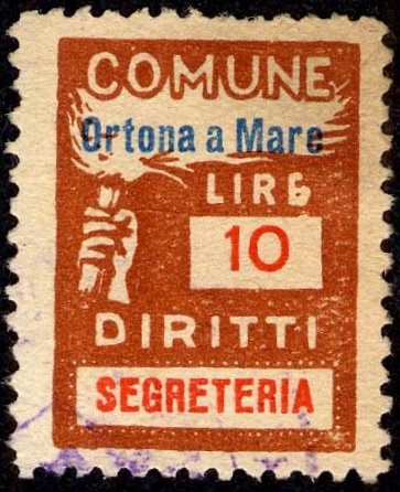Marca da Bollo del Comune di ORTONA su Carta Bianca Sottile di dimensioni 18,5 x 25 mm