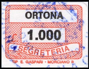Marca da Bollo del Comune di ORTONA su Carta Bianca di dimensioni 18 x 14,5 mm