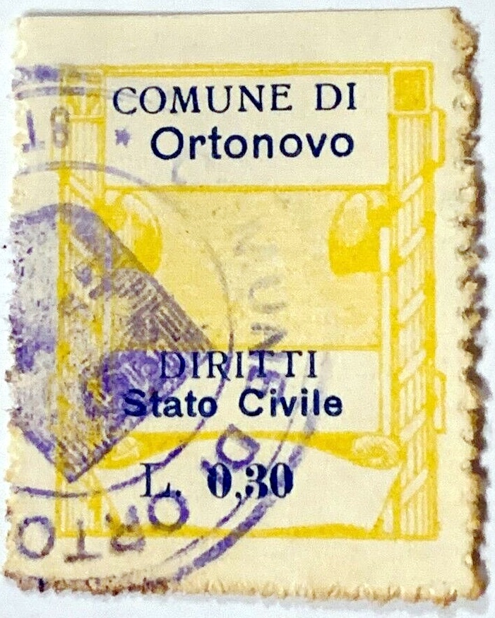 Marca da Bollo del Comune di ORTONOVO su Carta Bianca Sottile di dimensioni 23,5 x 29,5 mm