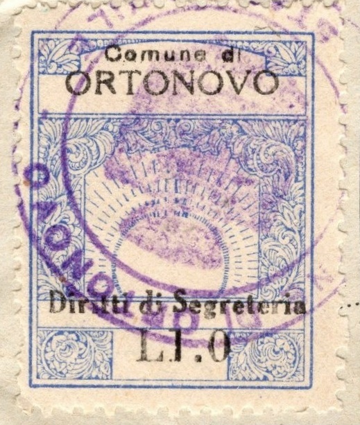 Marca da Bollo del Comune di ORTONOVO su Carta Bianca Sottile di dimensioni 23,5 x 29,5 mm