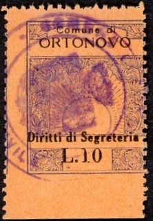 Marca da Bollo del Comune di ORTONOVO su Carta Colorata di dimensioni 23,5 x 29,5 mm
