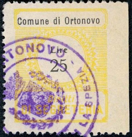 Marca da Bollo del Comune di ORTONOVO su Carta Bianca di dimensioni 21 x 25 mm