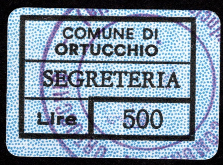 Marca da Bollo del Comune di ORTUCCHIO su Carta Bianca di dimensioni 19 x 14 mm