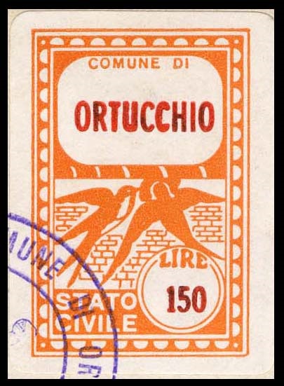 Marca da Bollo del Comune di ORTUCCHIO su Carta Bianca di dimensioni mm