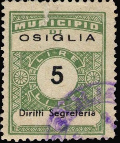 Marca da Bollo del Comune di OSIGLIA su Carta Bianca di dimensioni 22,5 x 29 mm