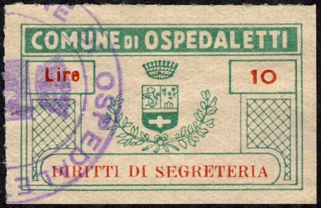 Marca da Bollo del Comune di OSPEDALETTI su Carta Bianca di dimensioni 40 x 24 mm