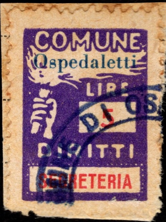 Marca da Bollo del Comune di OSPEDALETTI su Carta Bianca Sottile di dimensioni 18 x 25 mm