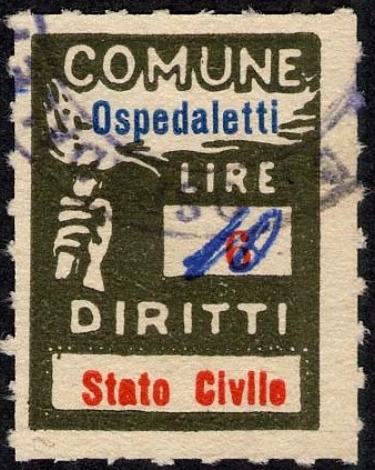 Marca da Bollo del Comune di OSPEDALETTI su Carta Bianca Sottile di dimensioni 18 x 24,5 mm