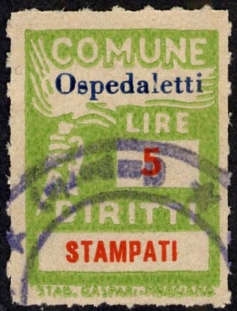 Marca da Bollo del Comune di OSPEDALETTI su Carta Bianca Sottile di dimensioni 18 X 25,5 mm