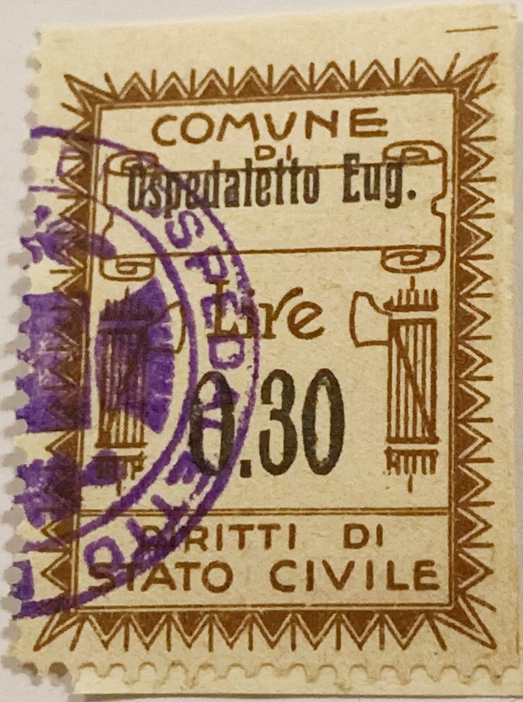 Marca da Bollo del Comune di OSPEDALETTO EUGANEO su Carta Bianca di dimensioni 21 x 29 mm