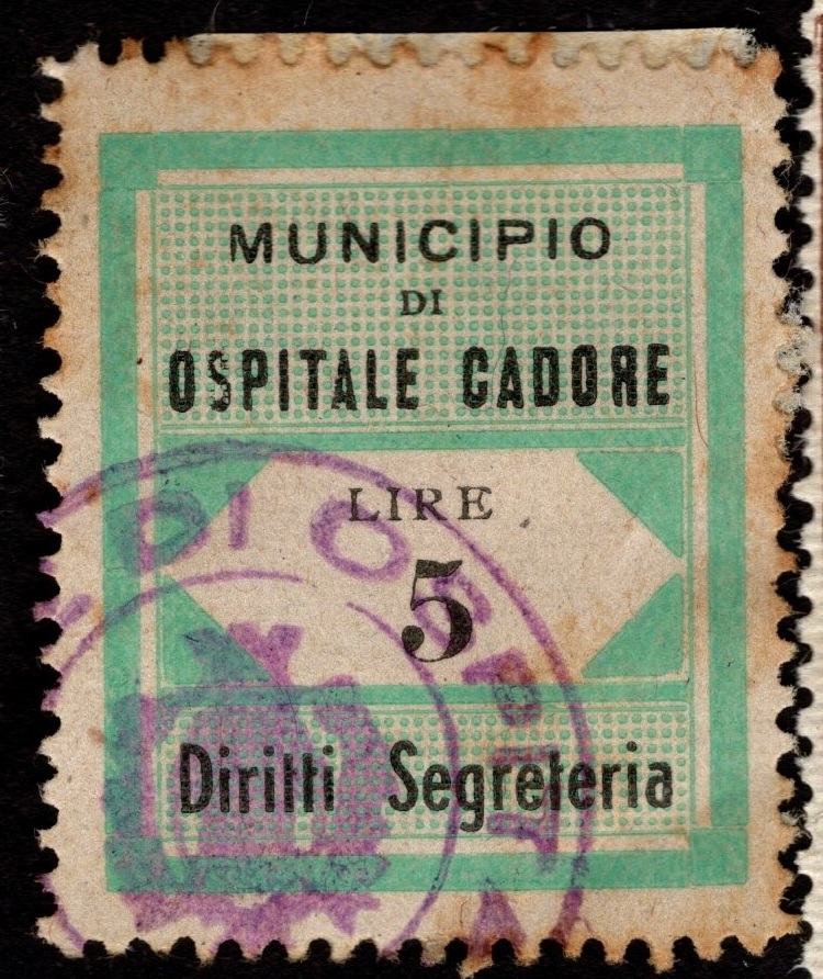 Marca da Bollo del Comune di OSPITALE DI CADORE su Carta Bianca di dimensioni 21 x 29 mm