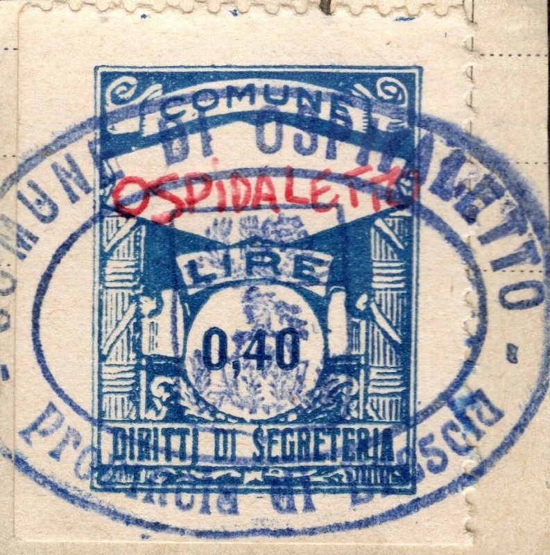 Marca da Bollo del Comune di OSPITALETTO su Carta Bianca Sottile di dimensioni 21 x 29 mm