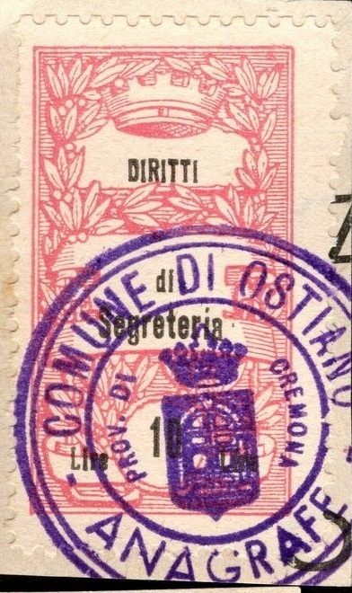 Marca da Bollo del Comune di OSTIANO su Carta Bianca di dimensioni 24 x 41 mm