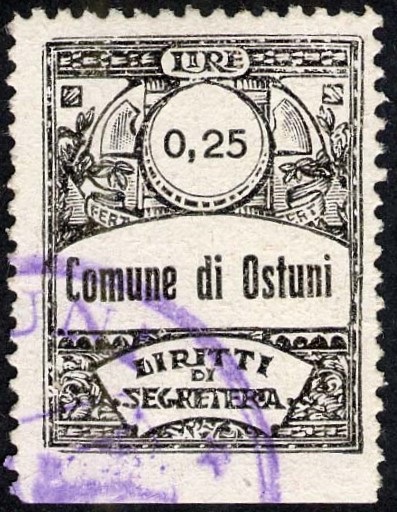 Marca da Bollo del Comune di OSTUNI su Carta Bianca Sottile di dimensioni 21,5 x 28,5 mm