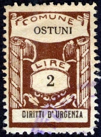 Marca da Bollo del Comune di OSTUNI su Carta Bianca Sottile di dimensioni 19,5 x 27,5 mm