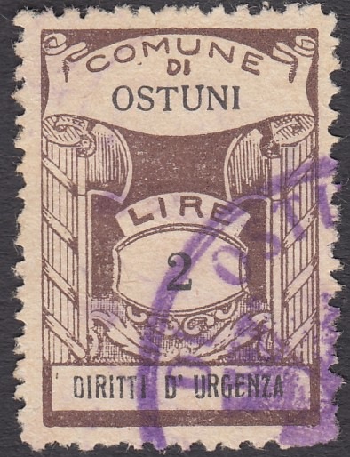 Marca da Bollo del Comune di OSTUNI su Carta Bianca Sottile di dimensioni 19,5 x 27,5 mm