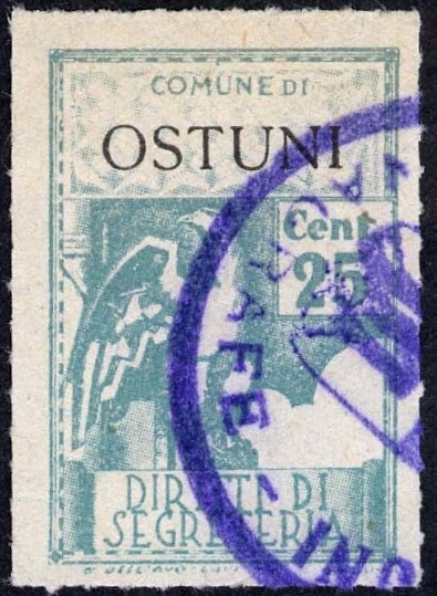 Marca da Bollo del Comune di OSTUNI su Carta Bianca Sottile di dimensioni 21 x 32,5 mm