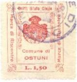 Marca da Bollo del Comune di OSTUNI su Carta Bianca Sottile di dimensioni 27,5 x 33,5 mm