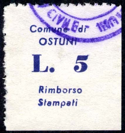 Marca da Bollo del Comune di OSTUNI su Carta Bianca di dimensioni 13 x 21 mm