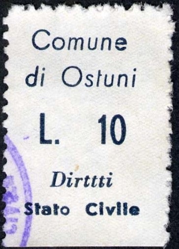 Marca da Bollo del Comune di OSTUNI su Carta Bianca di dimensioni 14,5 x 25 mm