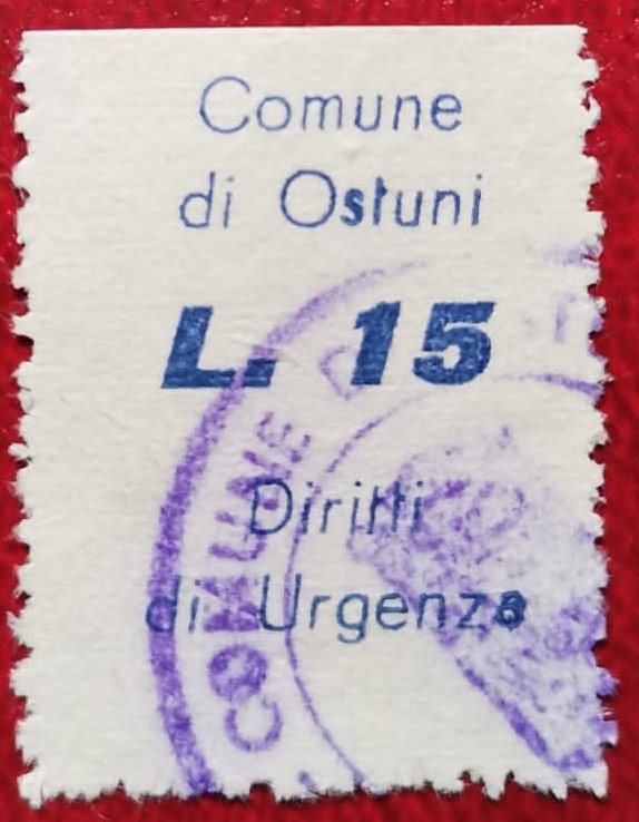 Marca da Bollo del Comune di OSTUNI su Carta Bianca di dimensioni 14,5 x 25 mm