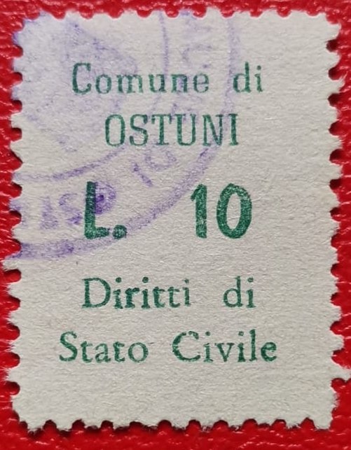 Marca da Bollo del Comune di OSTUNI su Carta Bianca di dimensioni 14,5 x 25 mm