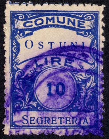 Marca da Bollo del Comune di OSTUNI su Carta Bianca Sottile di dimensioni 22 x 29,5 mm