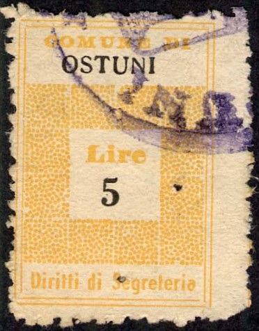 Marca da Bollo del Comune di OSTUNI su Carta Bianca di dimensioni 18,5 x 28,5 mm