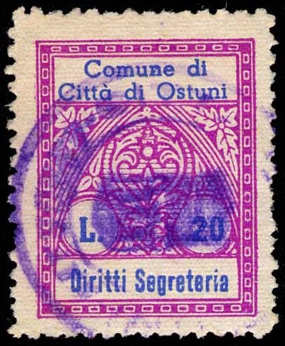 Marca da Bollo del Comune di OSTUNI su Carta Bianca di dimensioni 21,5 x 27 mm