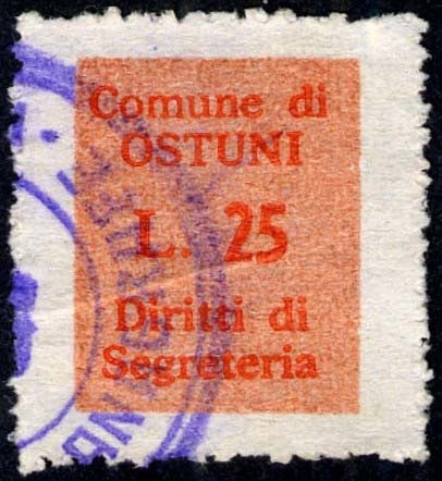 Marca da Bollo del Comune di OSTUNI su Carta Bianca Sottile di dimensioni 13 x 17,5 mm