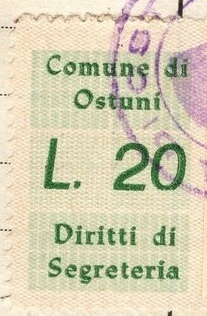Marca da Bollo del Comune di OSTUNI su Carta Bianca Sottile di dimensioni 17 x 26,5 mm