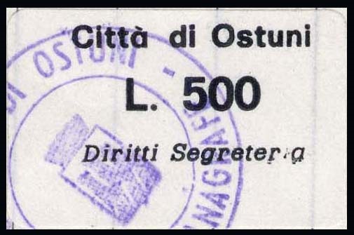 Marca da Bollo del Comune di OSTUNI su Carta Bianca di dimensioni 28 x 11 mm