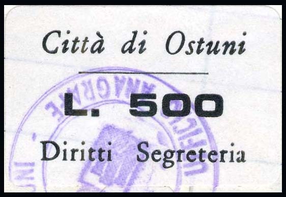 Marca da Bollo del Comune di OSTUNI su Carta Bianca di dimensioni 28 x 18 mm