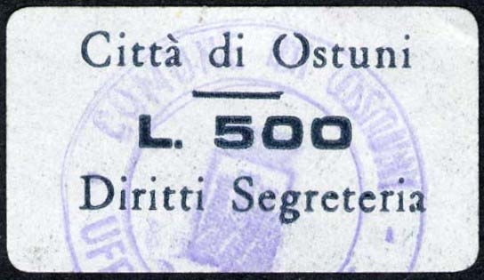 Marca da Bollo del Comune di OSTUNI su Carta Bianca di dimensioni 24 x 15 mm